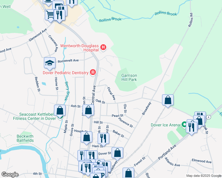 map of restaurants, bars, coffee shops, grocery stores, and more near 6 Floral Avenue in Dover