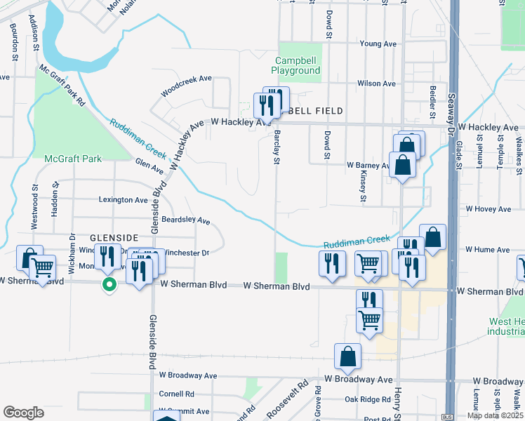 map of restaurants, bars, coffee shops, grocery stores, and more near 2407 Barclay Street in Muskegon