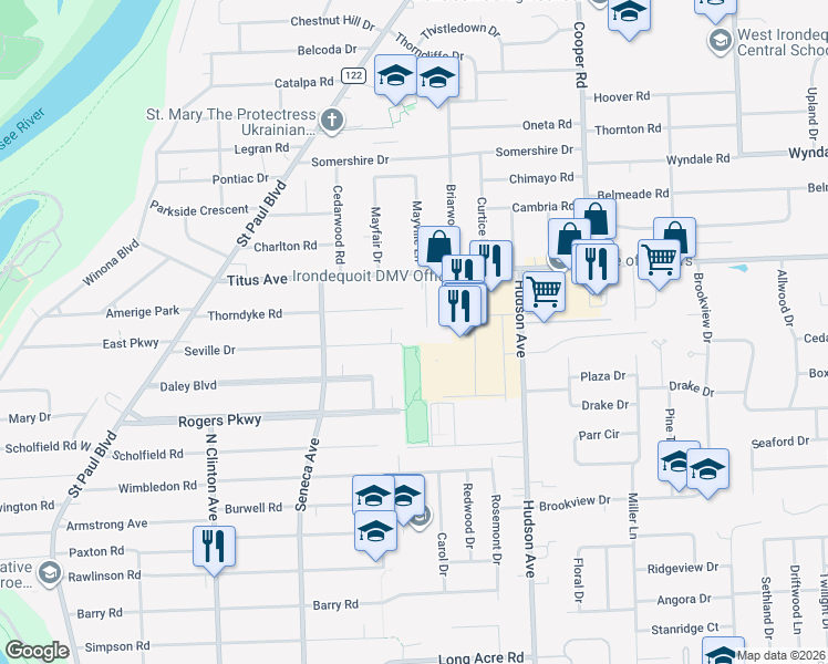 map of restaurants, bars, coffee shops, grocery stores, and more near 32 Titus Court in Rochester