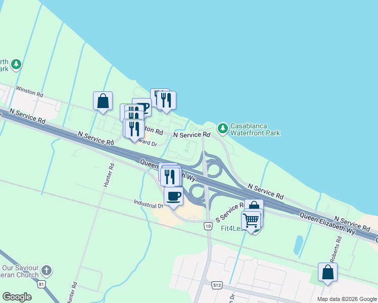 map of restaurants, bars, coffee shops, grocery stores, and more near 12 Concord Place in Grimsby