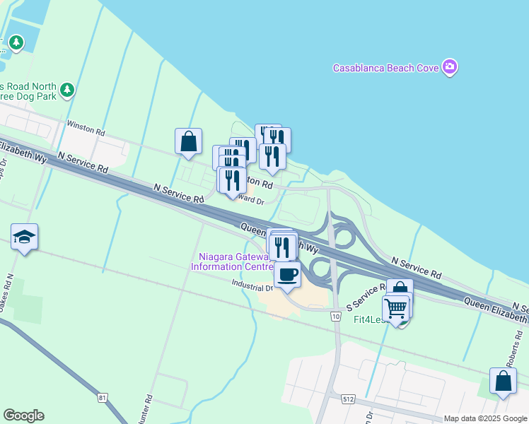 map of restaurants, bars, coffee shops, grocery stores, and more near 11 Windward Drive in Grimsby