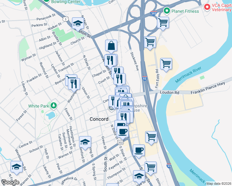map of restaurants, bars, coffee shops, grocery stores, and more near 15 Pitman Street in Concord
