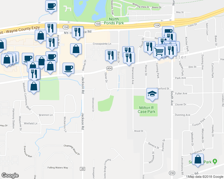 map of restaurants, bars, coffee shops, grocery stores, and more near 198 Sanford Street in Webster