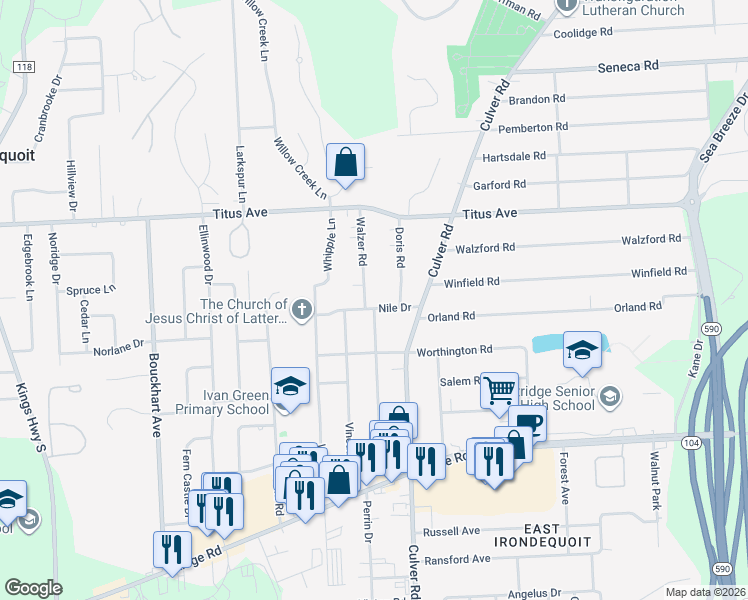 map of restaurants, bars, coffee shops, grocery stores, and more near 286 Walzer Road in Rochester