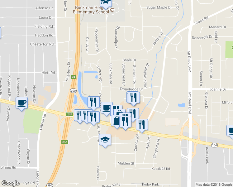 map of restaurants, bars, coffee shops, grocery stores, and more near 146 Buckman Road in Rochester