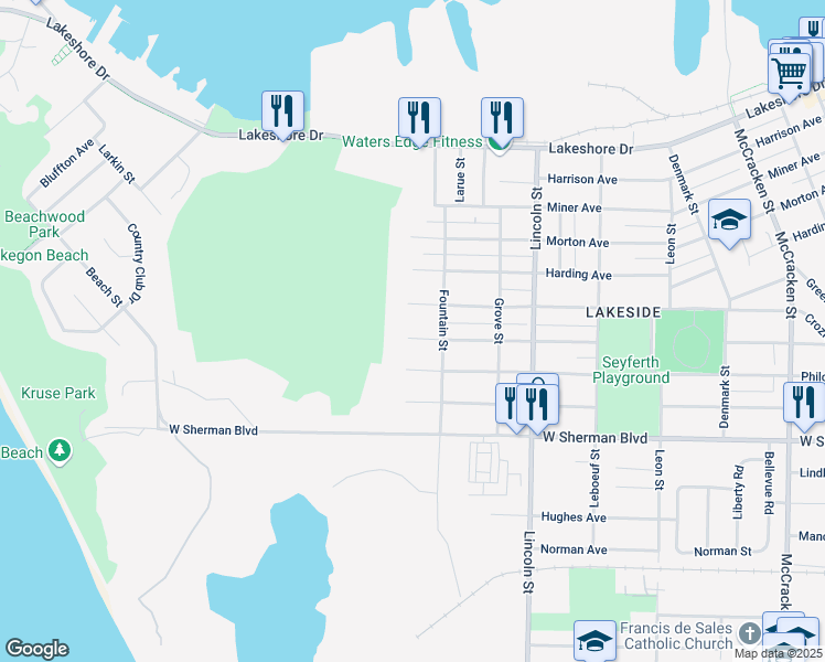 map of restaurants, bars, coffee shops, grocery stores, and more near 2596 Cutler Avenue in Muskegon