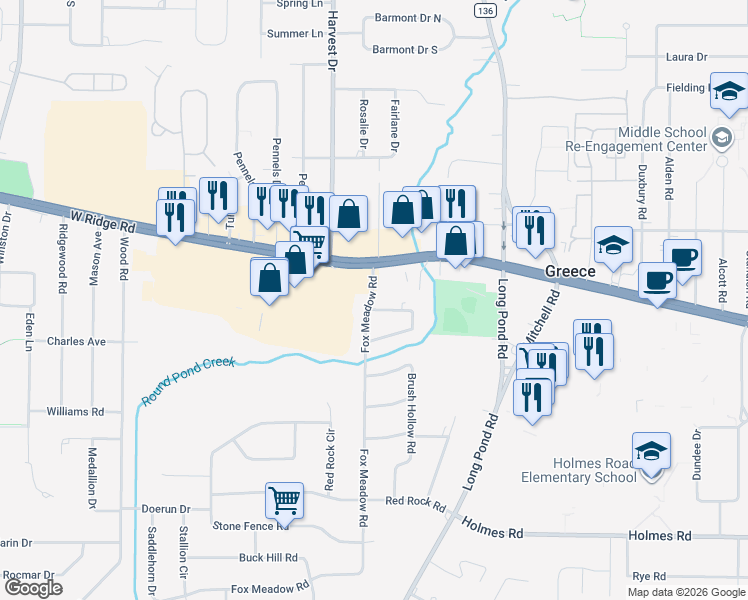 map of restaurants, bars, coffee shops, grocery stores, and more near 50 Fox Meadow Road in Rochester