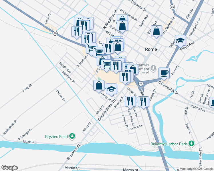 map of restaurants, bars, coffee shops, grocery stores, and more near 200 Ridge St in Rome