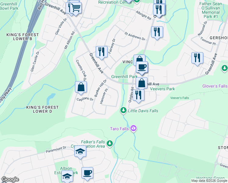 map of restaurants, bars, coffee shops, grocery stores, and more near 36 Hanover Place in Hamilton