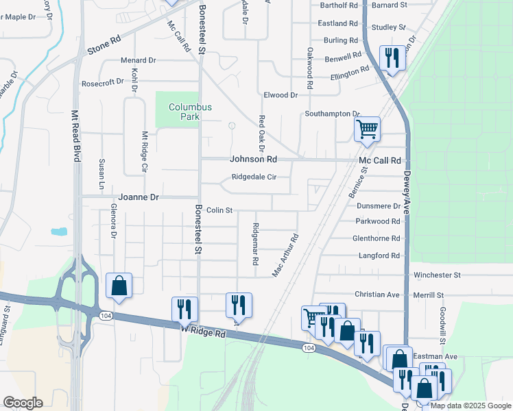 map of restaurants, bars, coffee shops, grocery stores, and more near 150 Colin Street in Rochester