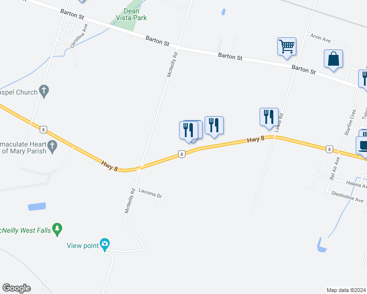 map of restaurants, bars, coffee shops, grocery stores, and more near 1063 Highway 8 in Hamilton