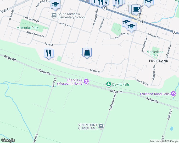 map of restaurants, bars, coffee shops, grocery stores, and more near 80 Maple Drive in Hamilton