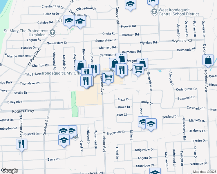 map of restaurants, bars, coffee shops, grocery stores, and more near 2194 Hudson Avenue in Rochester
