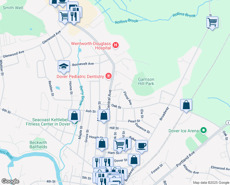 map of restaurants, bars, coffee shops, grocery stores, and more near 3 Brick Road in Dover