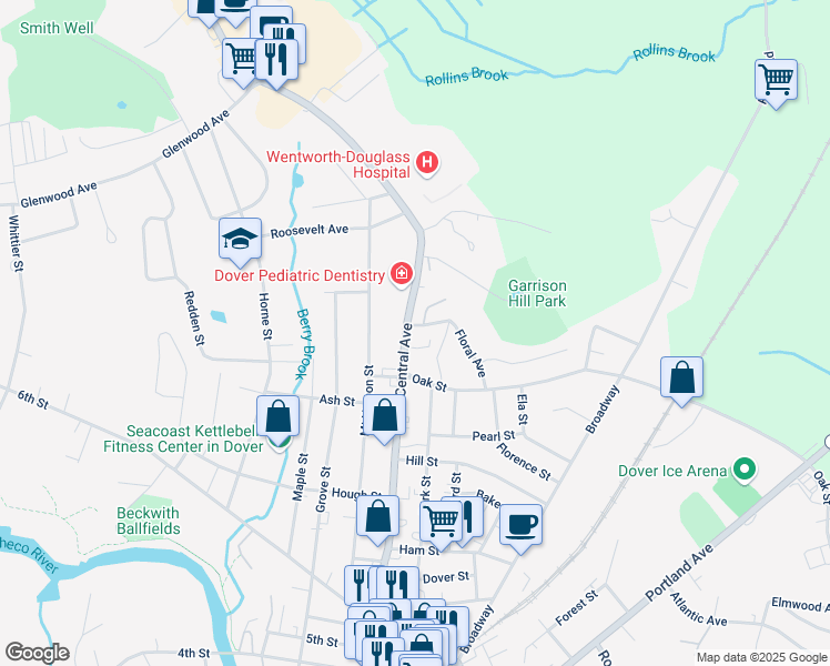 map of restaurants, bars, coffee shops, grocery stores, and more near 3 Brick Road in Dover