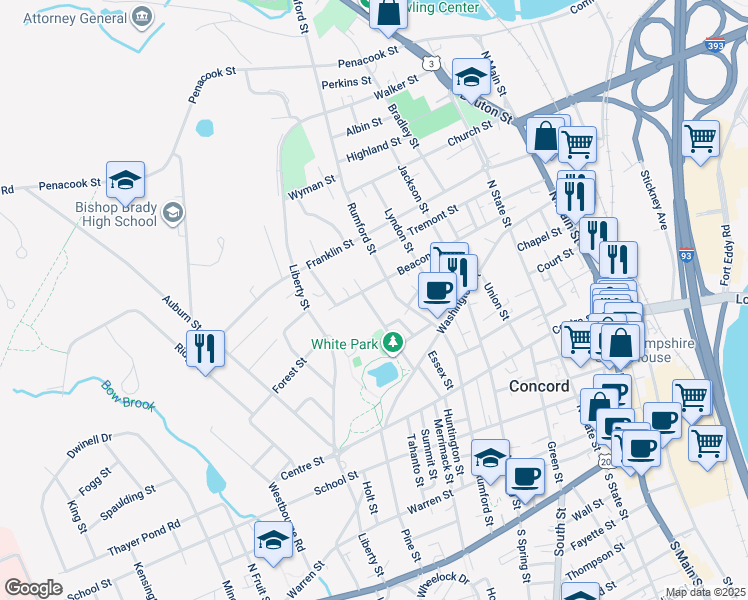 map of restaurants, bars, coffee shops, grocery stores, and more near 28 White Street in Concord