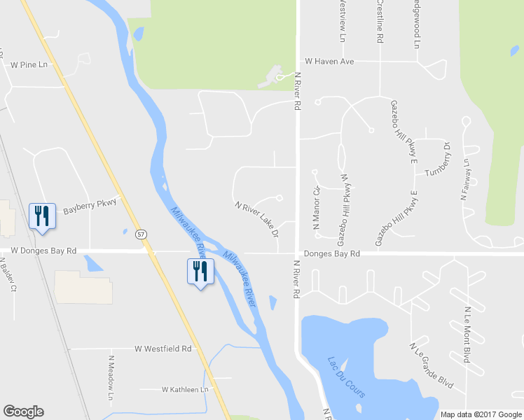 map of restaurants, bars, coffee shops, grocery stores, and more near 10440 North River Lake Drive in Mequon