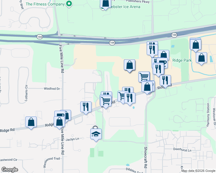 map of restaurants, bars, coffee shops, grocery stores, and more near 898 Ridge Road in Webster