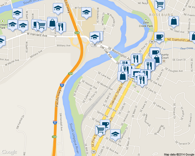 map of restaurants, bars, coffee shops, grocery stores, and more near 843 Southeast Fullerton Street in Roseburg