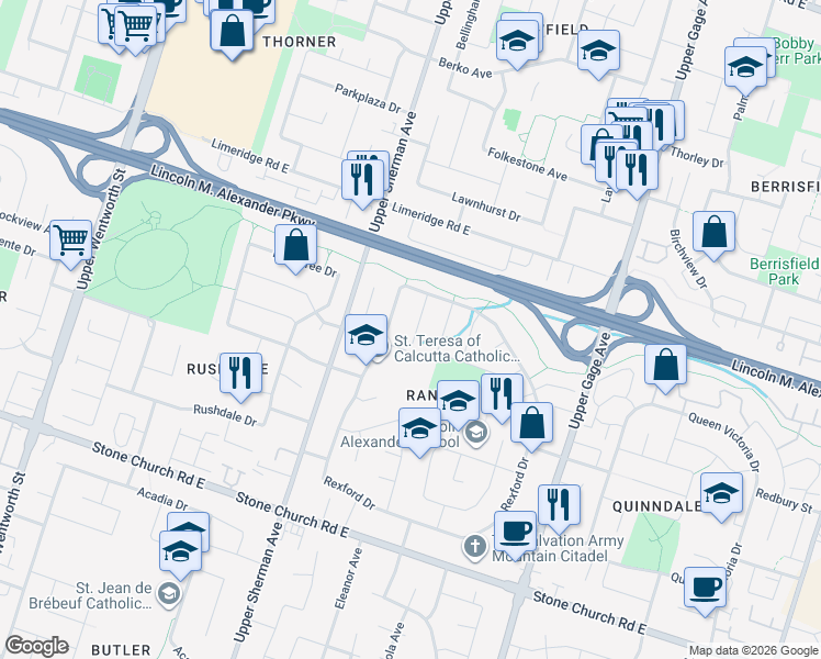 map of restaurants, bars, coffee shops, grocery stores, and more near 42 Millpond Place in Hamilton