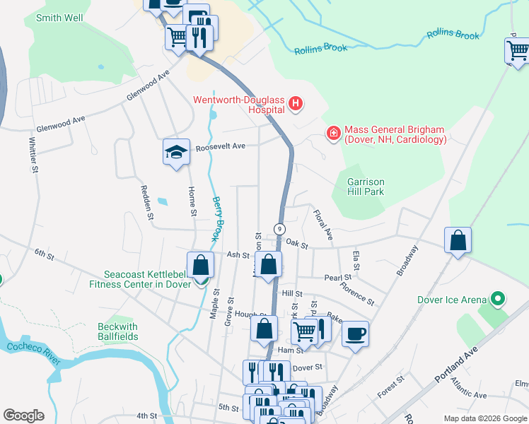 map of restaurants, bars, coffee shops, grocery stores, and more near 108 Mount Vernon Street in Dover