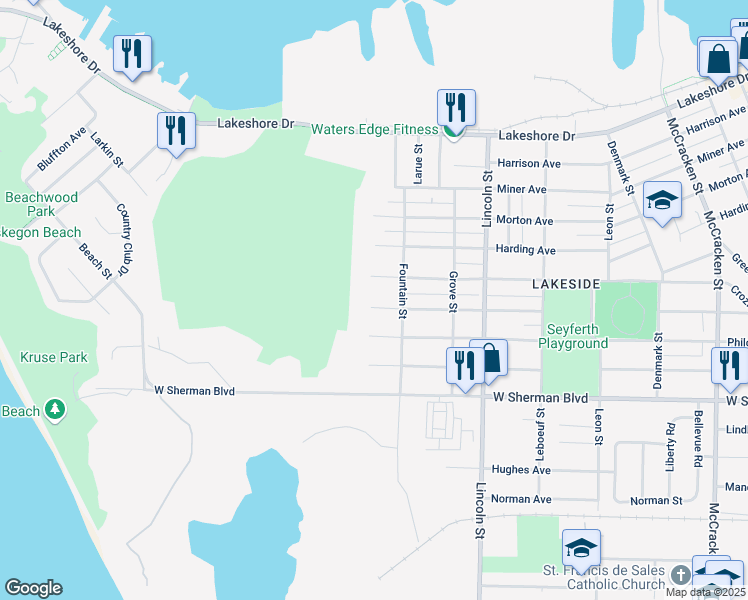 map of restaurants, bars, coffee shops, grocery stores, and more near 2596 Cutler Avenue in Muskegon