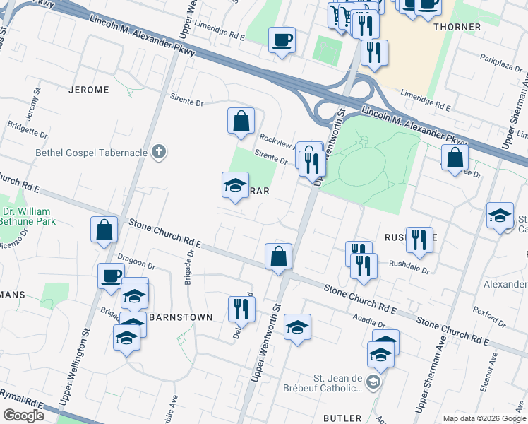 map of restaurants, bars, coffee shops, grocery stores, and more near 15 Timothy Place in Hamilton