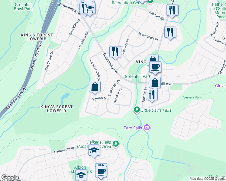 map of restaurants, bars, coffee shops, grocery stores, and more near 37 Bunker Hill Drive in Hamilton