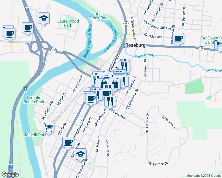 map of restaurants, bars, coffee shops, grocery stores, and more near 813 Southeast Oak Avenue in Roseburg
