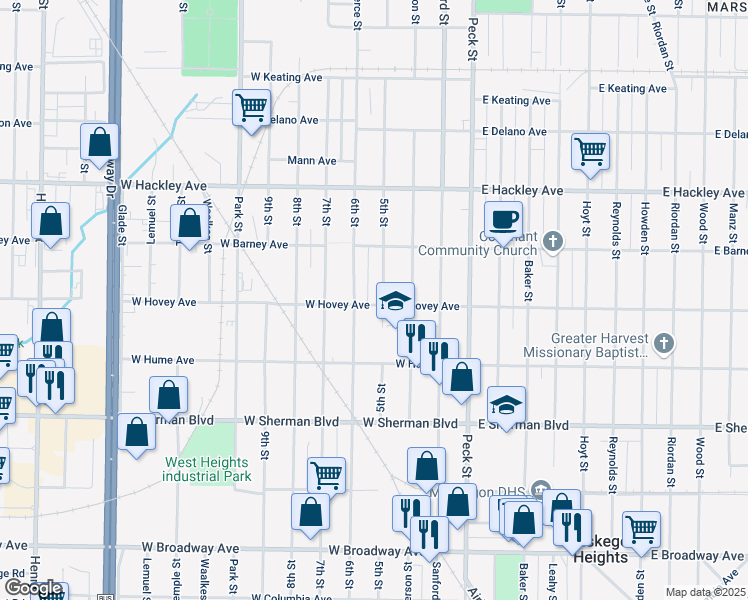 map of restaurants, bars, coffee shops, grocery stores, and more near 2345 5th Street in Muskegon Heights