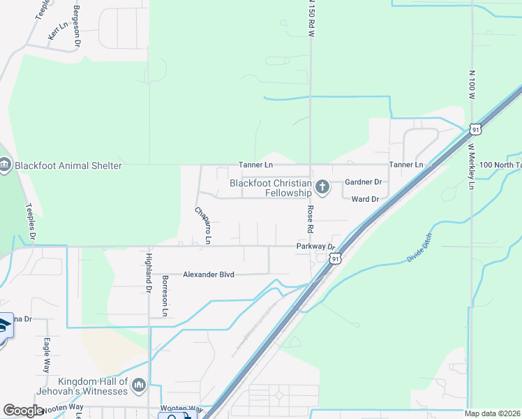 map of restaurants, bars, coffee shops, grocery stores, and more near 1051 James Street in Blackfoot