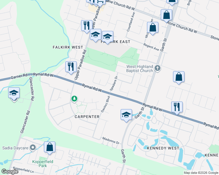 map of restaurants, bars, coffee shops, grocery stores, and more near 58 Spadara Drive in Hamilton