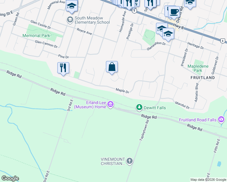 map of restaurants, bars, coffee shops, grocery stores, and more near 80 Maple Drive in Hamilton