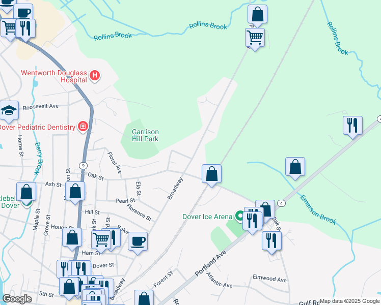 map of restaurants, bars, coffee shops, grocery stores, and more near 3 Highland Avenue in Rollinsford