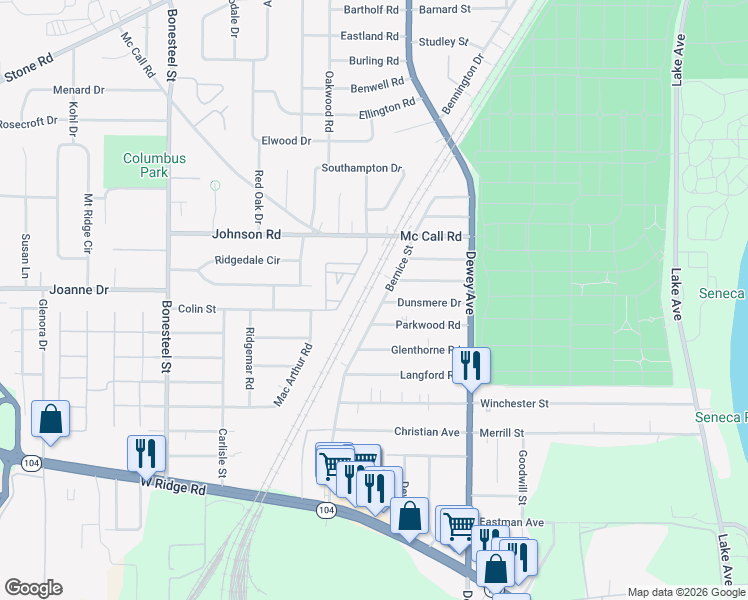 map of restaurants, bars, coffee shops, grocery stores, and more near 321 Bernice Street in Rochester