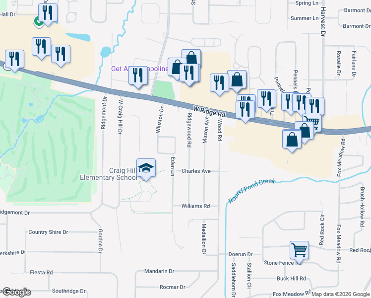 map of restaurants, bars, coffee shops, grocery stores, and more near 123 Ridgewood Rd in Rochester