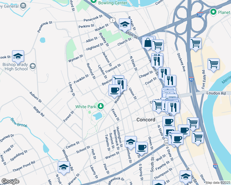 map of restaurants, bars, coffee shops, grocery stores, and more near 5 1/2 Lyndon Street in Concord