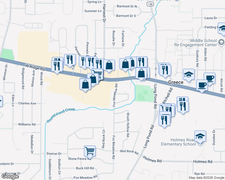 map of restaurants, bars, coffee shops, grocery stores, and more near 50 Fox Meadow Road in Rochester