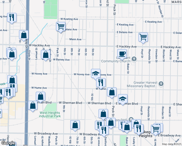 map of restaurants, bars, coffee shops, grocery stores, and more near 2345 5th Street in Muskegon Heights