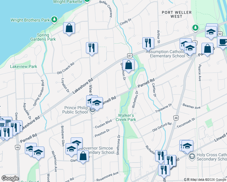 map of restaurants, bars, coffee shops, grocery stores, and more near 5 Monique Crescent in St. Catharines
