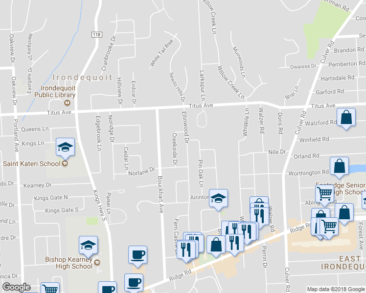 map of restaurants, bars, coffee shops, grocery stores, and more near 381 Ellinwood Drive in Rochester