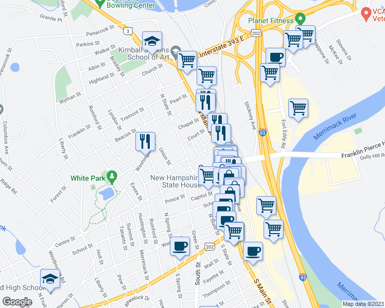 map of restaurants, bars, coffee shops, grocery stores, and more near 50 North State Street in Concord