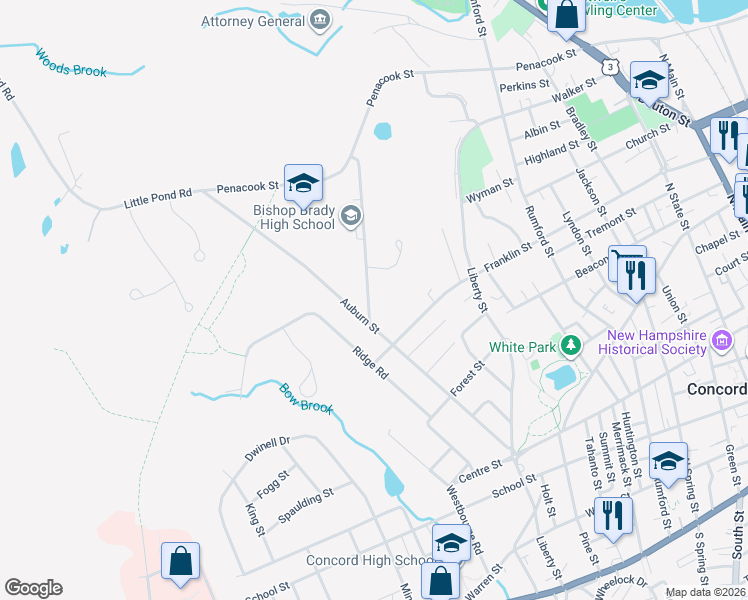 map of restaurants, bars, coffee shops, grocery stores, and more near 6 Columbus Avenue in Concord