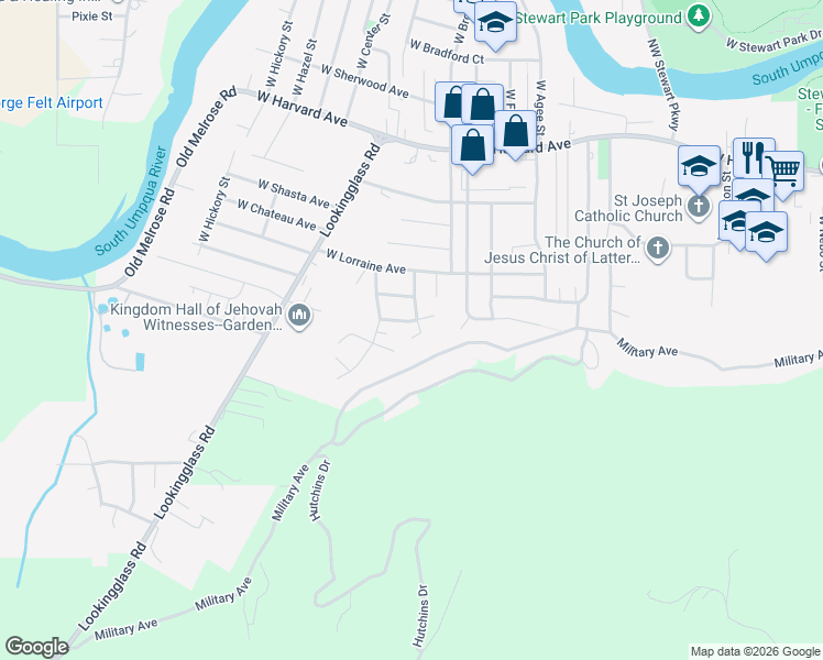 map of restaurants, bars, coffee shops, grocery stores, and more near 1104 West Winter Ridge Drive in Roseburg