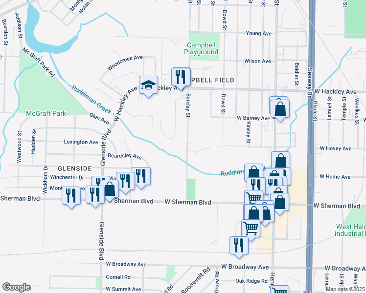 map of restaurants, bars, coffee shops, grocery stores, and more near 2407 Barclay Street in Muskegon