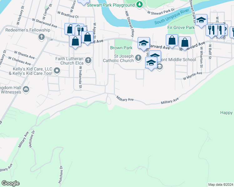 map of restaurants, bars, coffee shops, grocery stores, and more near 1051 West Fromdahl Drive in Roseburg