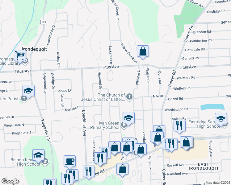 map of restaurants, bars, coffee shops, grocery stores, and more near 994 Brown Road in Rochester
