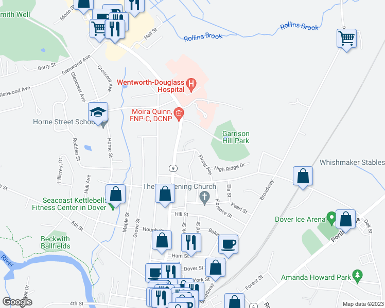 map of restaurants, bars, coffee shops, grocery stores, and more near 11 Oak Terrace in Dover