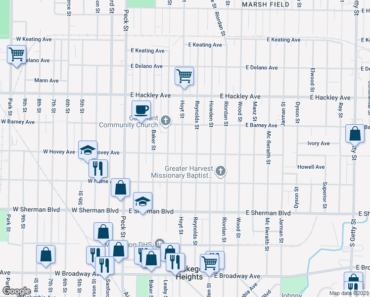 map of restaurants, bars, coffee shops, grocery stores, and more near 2340 Hoyt Street in Muskegon Heights