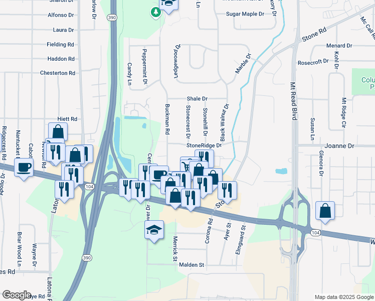map of restaurants, bars, coffee shops, grocery stores, and more near 61 StoneRidge Drive in Rochester